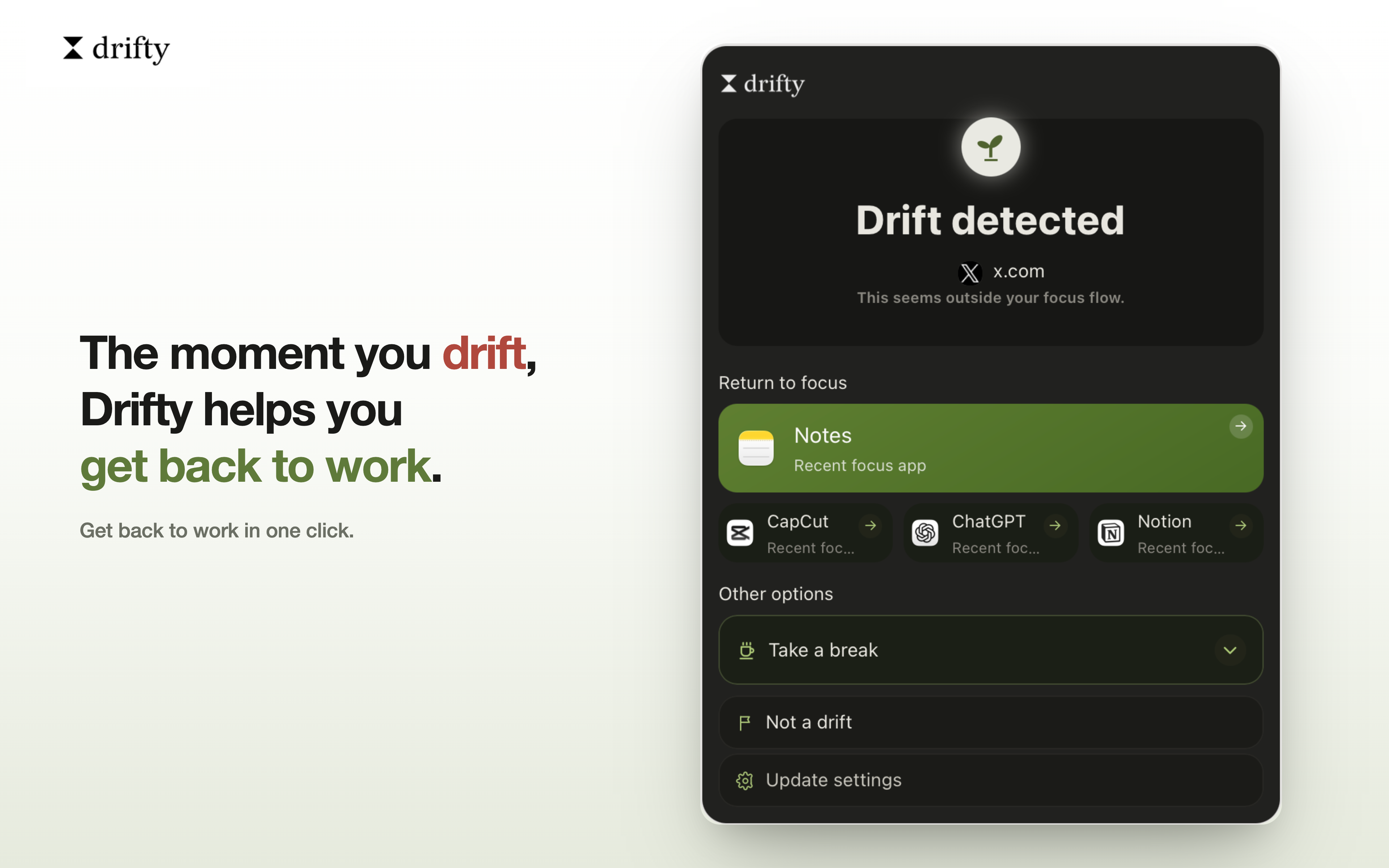 return to focus options를 보여주는 drifty drift detected screen
