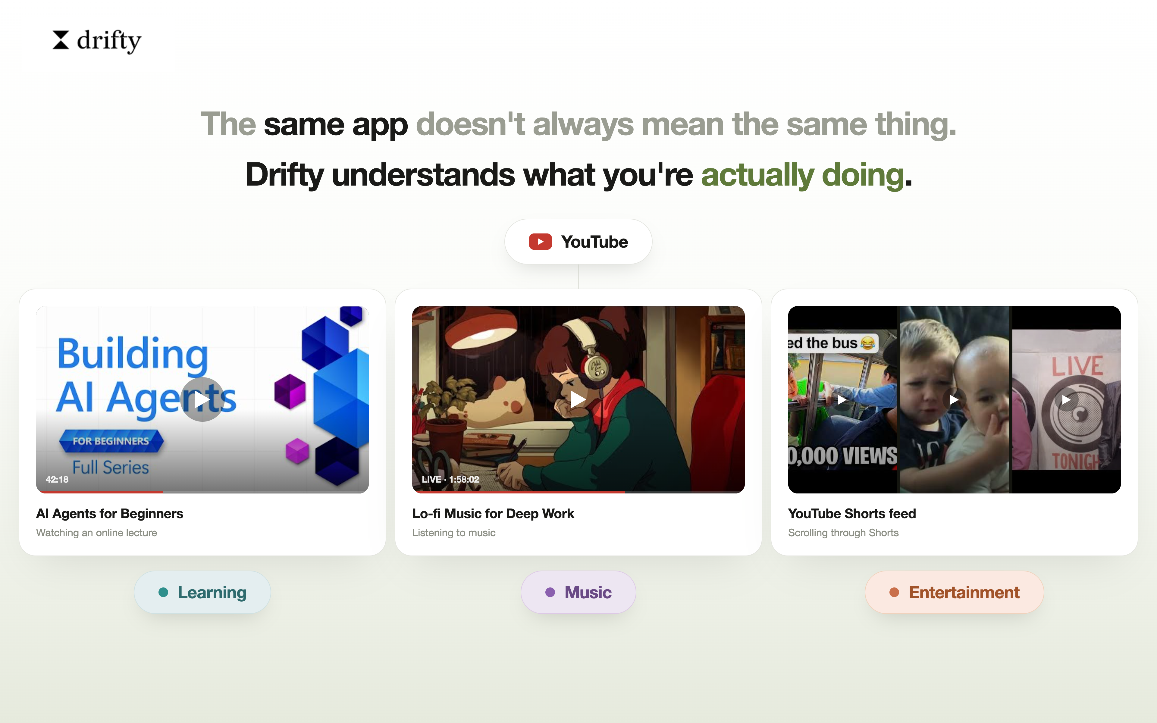 같은 앱이나 웹사이트가 learning, music, entertainment로 다르게 분류될 수 있음을 보여주는 drifty 이미지