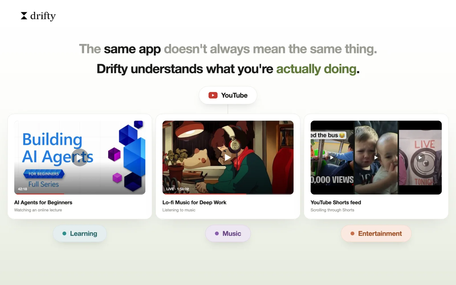 같은 앱이나 웹사이트가 learning, music, entertainment로 다르게 분류될 수 있음을 보여주는 drifty 이미지