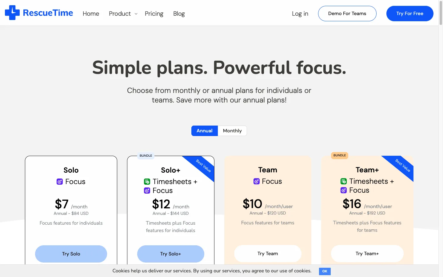 RescueTime pricing page showing Solo, Solo Plus, Team, and Team Plus plans