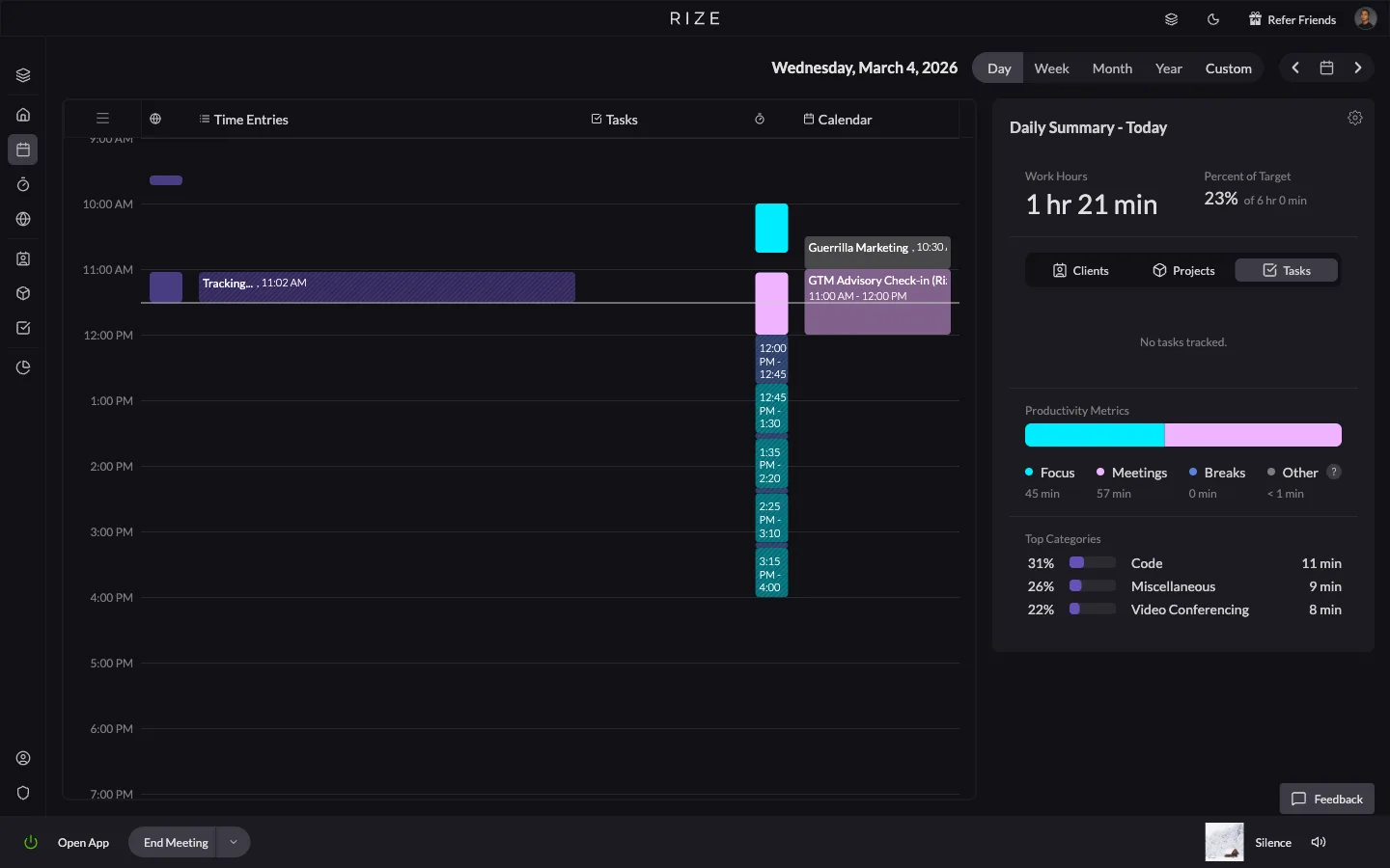 Rize time tracking guide page with a product timeline screenshot