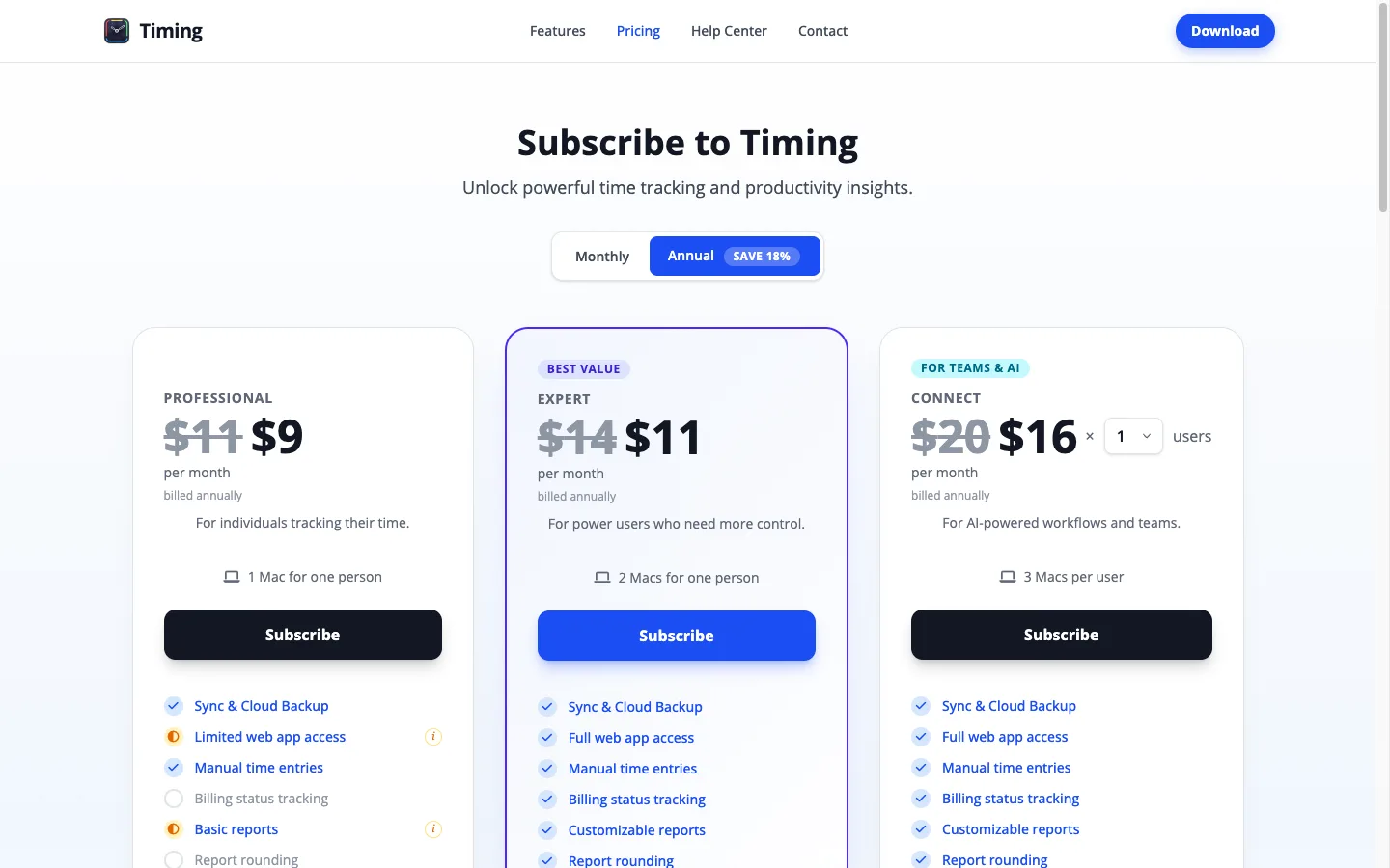 Timing pricing page showing Professional, Expert, and Connect plans for Mac time tracking