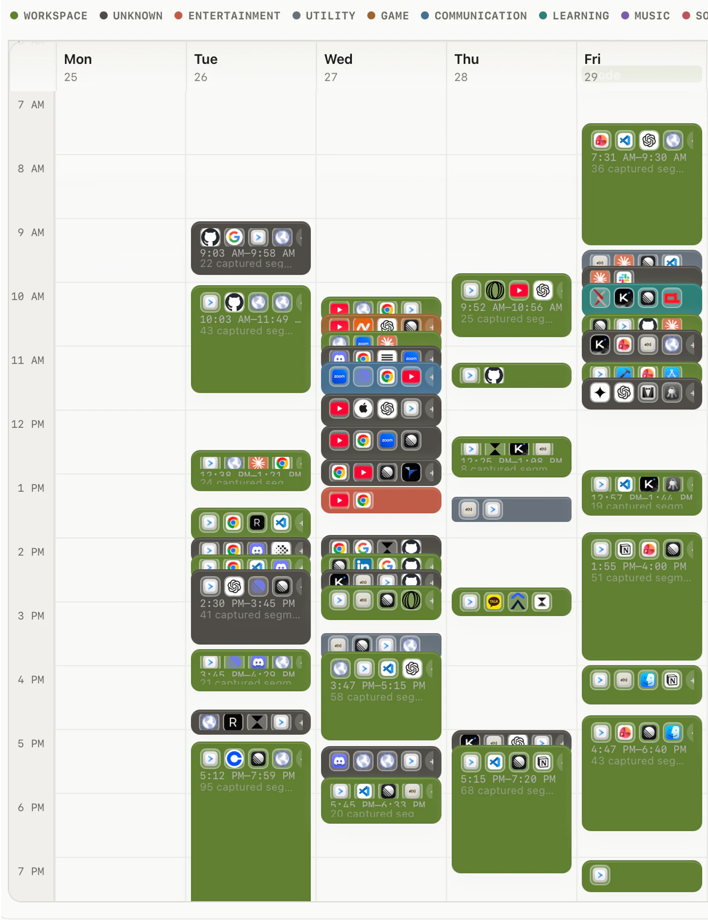 drifty weekly calendar view with captured app and site segments arranged by day