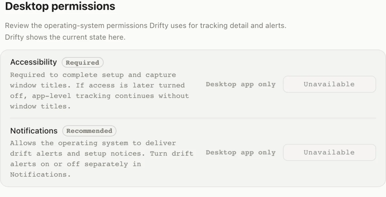 drifty settings showing recording permission states